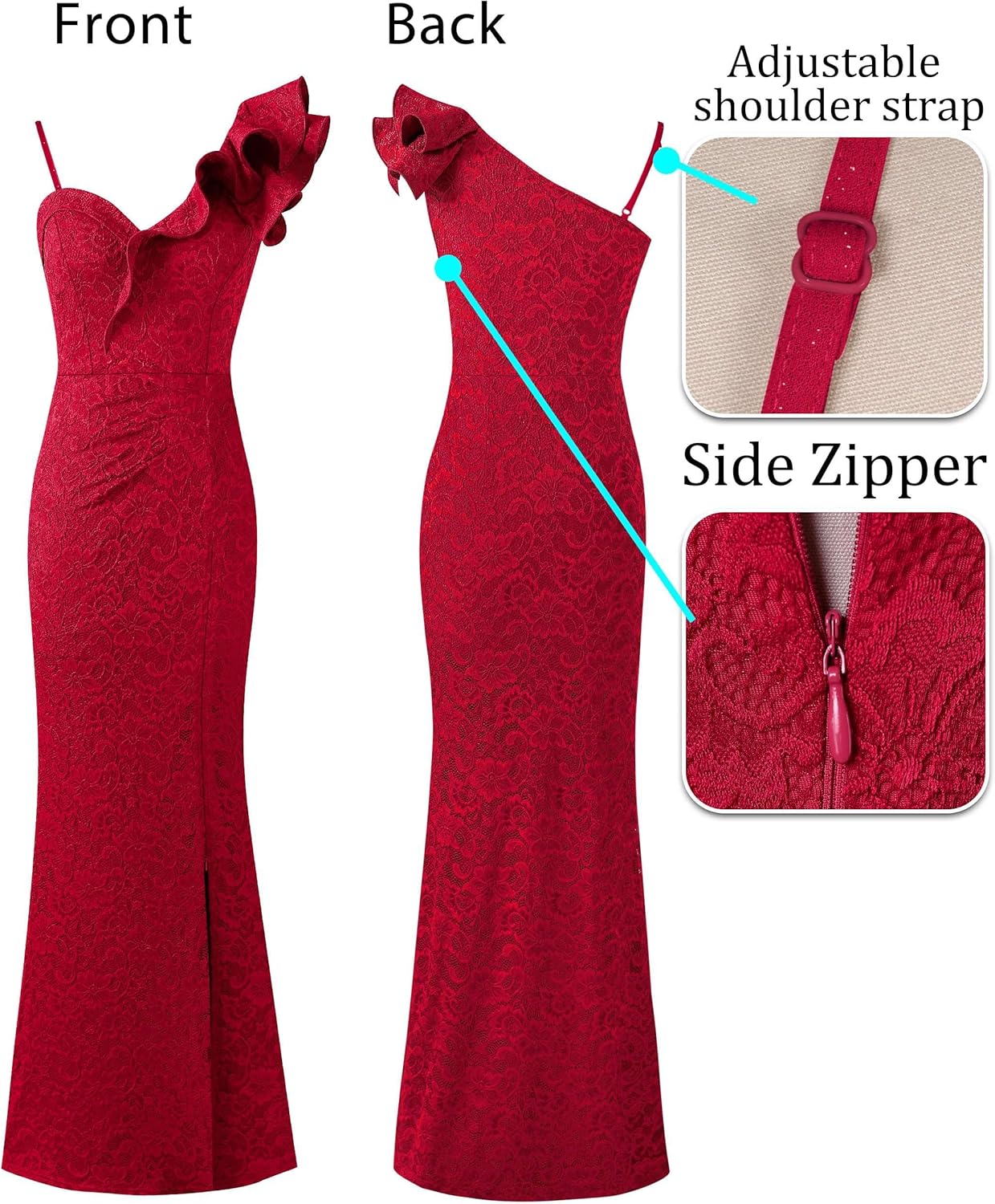 VFSHOW Womens Ruffle One Shoulder Strap Ruched Formal Prom Wedding Maxi Dress V Neck Elegant Split Cocktail Evening Long Gown