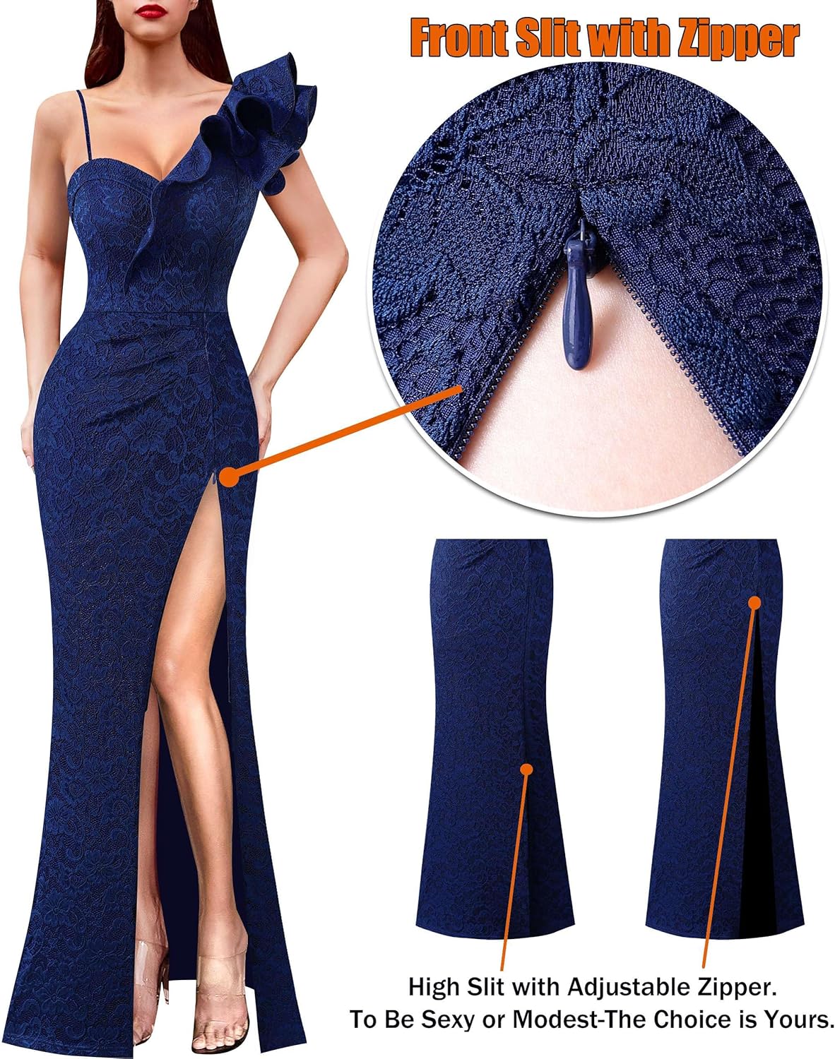 VFSHOW Womens Ruffle One Shoulder Strap Ruched Formal Prom Wedding Maxi Dress V Neck Elegant Split Cocktail Evening Long Gown