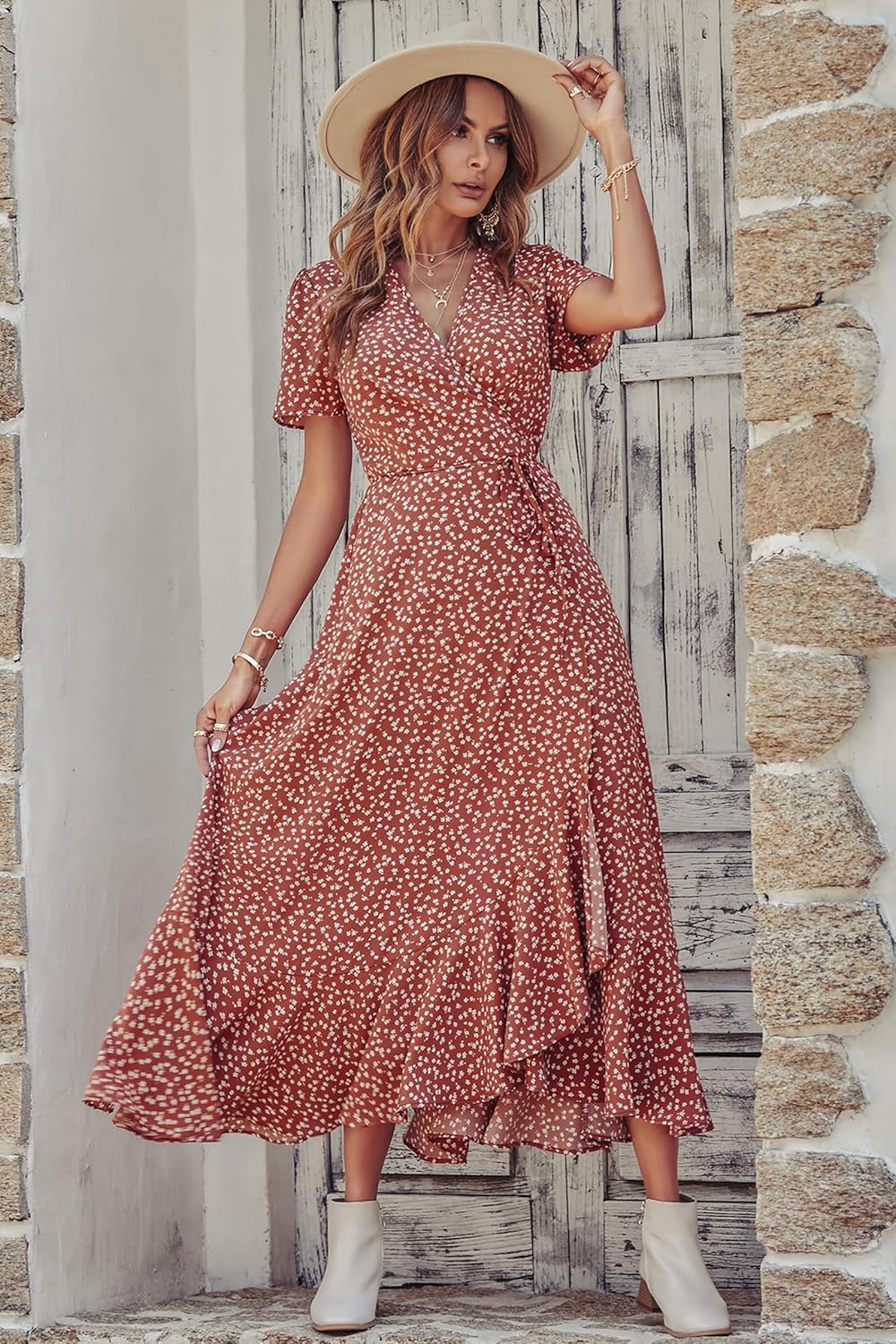 PRETTYGARDEN Women's Summer Wrap Maxi Dress Casual Short Sleeve Floral Boho V Neck Split Ruffle Beach Long Dresses