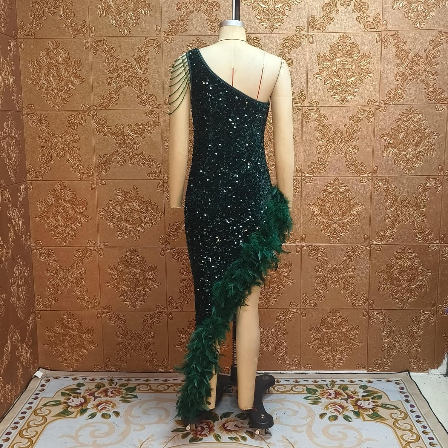 Cololura Women Sequin Elegant Sexy Tassels One Shoulder Mermaid Bodycon Cocktail Evening Midi Party Formal Dress