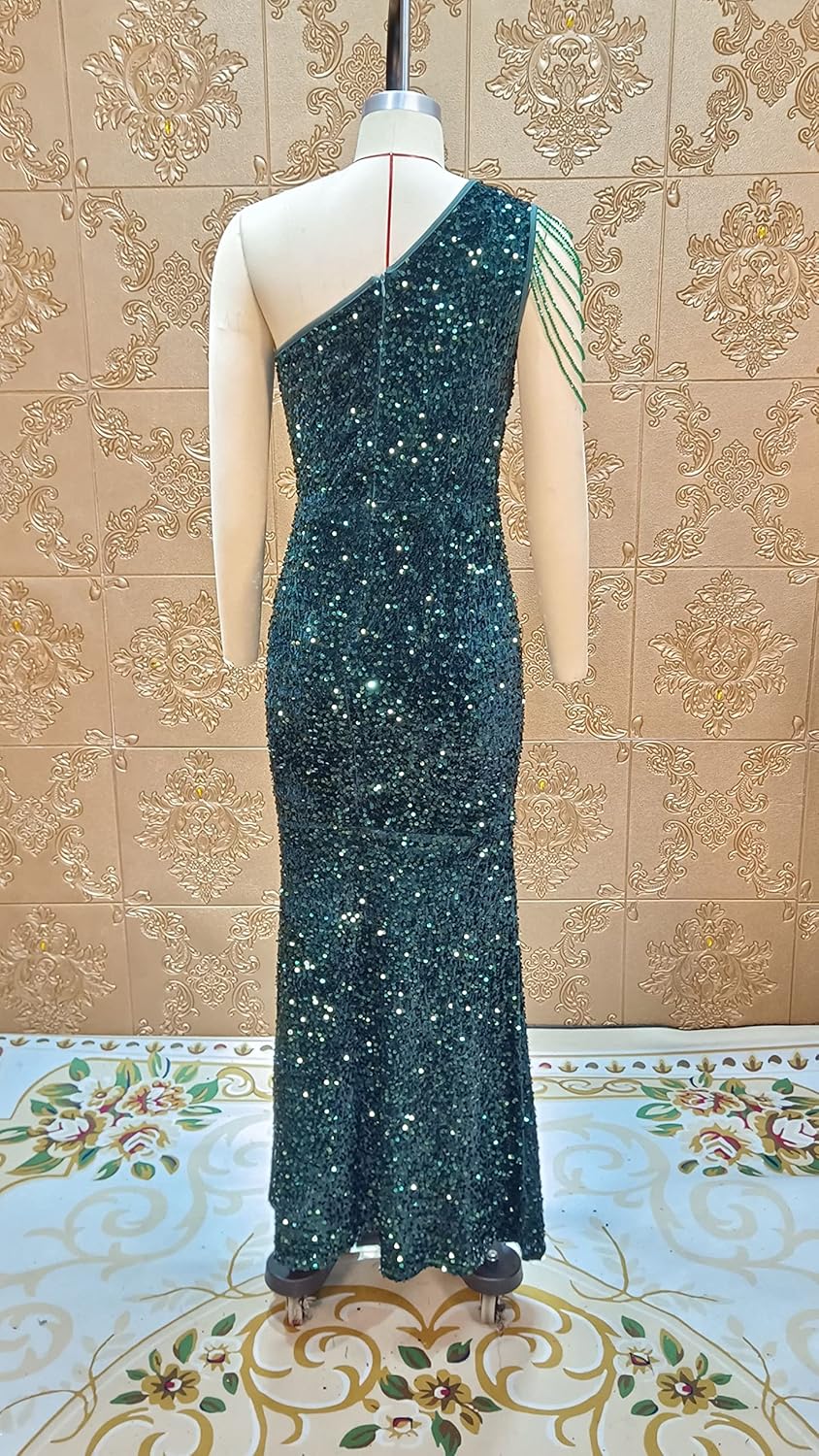 Cololura Women Sequin Elegant Sexy One Shoulder Tassel Mermaid Bodycon Cocktail Evening Dress