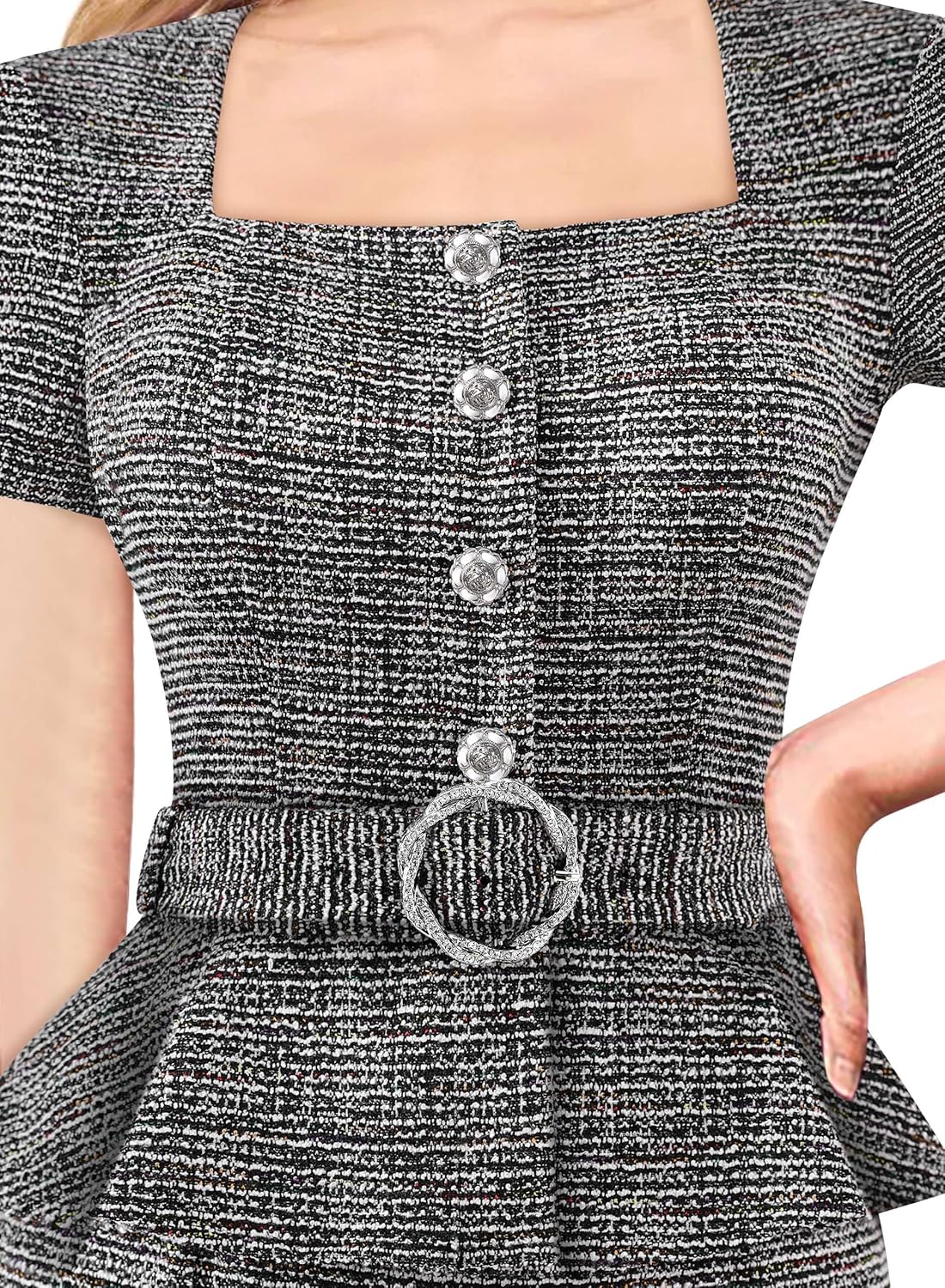 VFSHOW Womens 2024 Business Work Office Square Neck Belted Peplum Buttons Slim Bodycon Sheath Dress