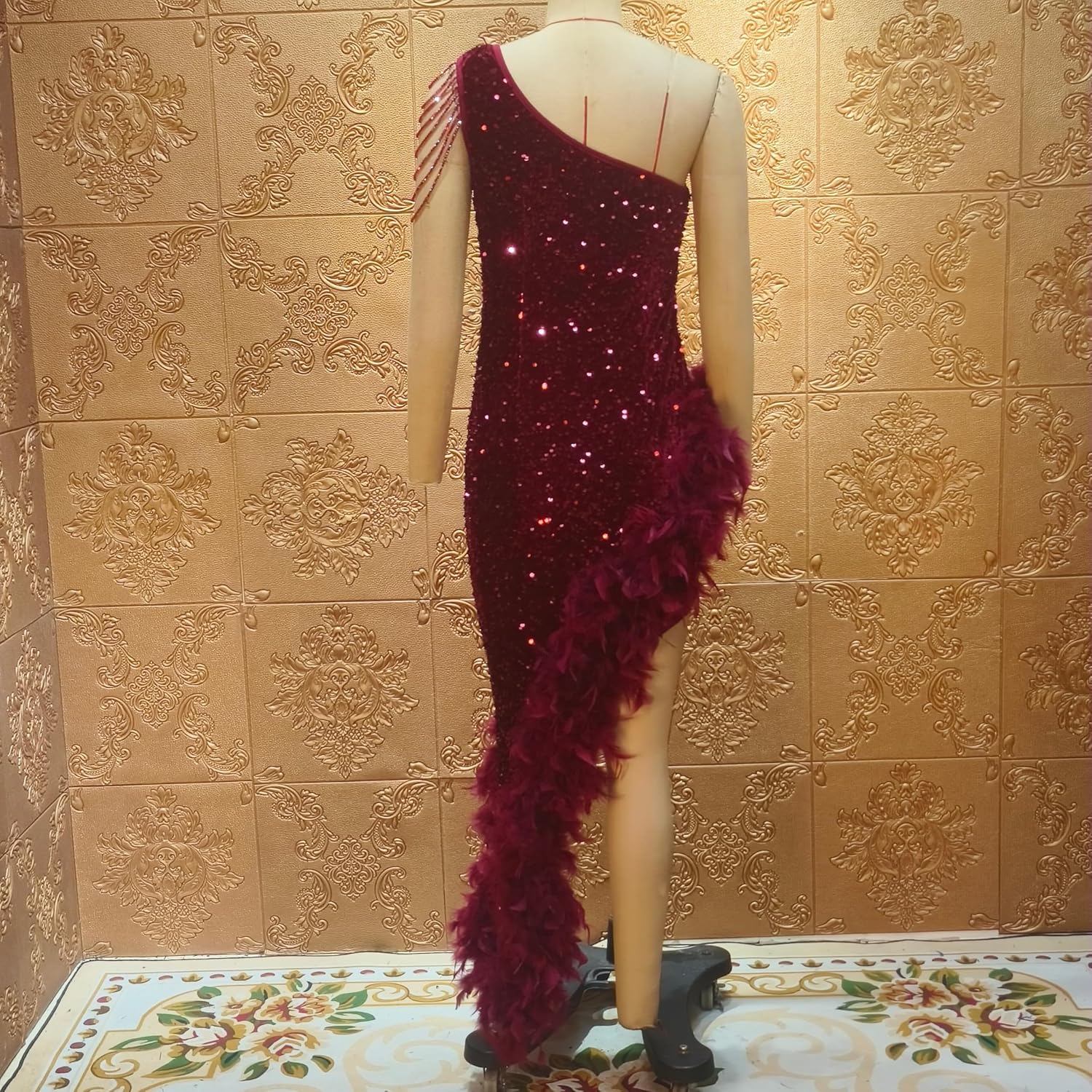Cololura Women Sequin Elegant Sexy Tassels One Shoulder Mermaid Bodycon Cocktail Evening Midi Party Formal Dress