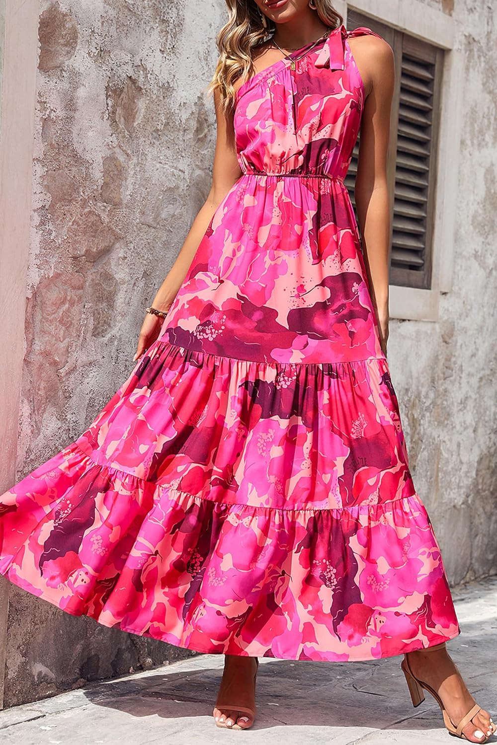 PRETTYGARDEN Women's Summer Floral Maxi Dress Knot One Shoulder Sleeveless Ruffle Flowy Boho Beach Wedding Guest Dresses