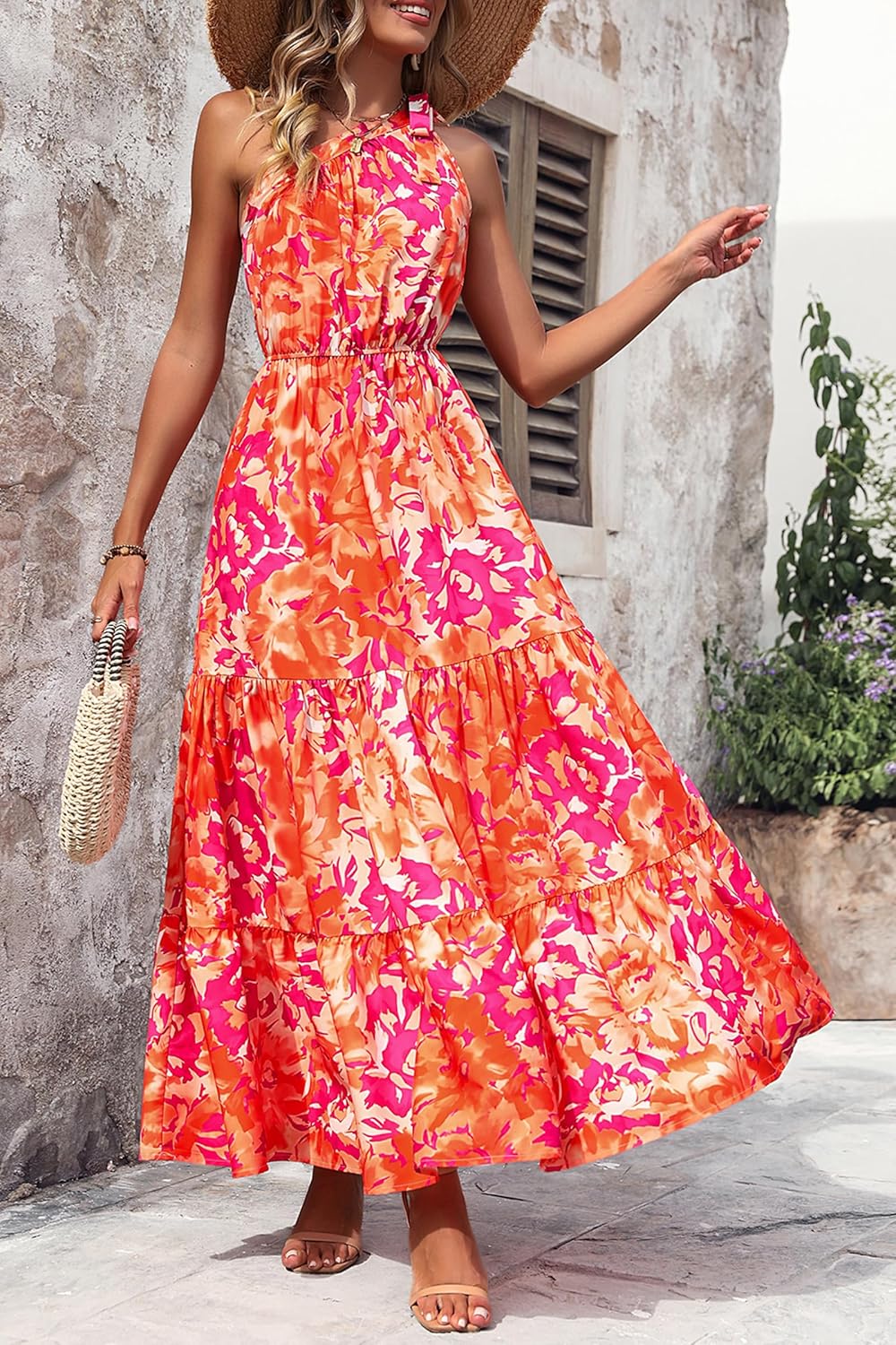 PRETTYGARDEN Women's Summer Floral Maxi Dress Knot One Shoulder Sleeveless Ruffle Flowy Boho Beach Wedding Guest Dresses