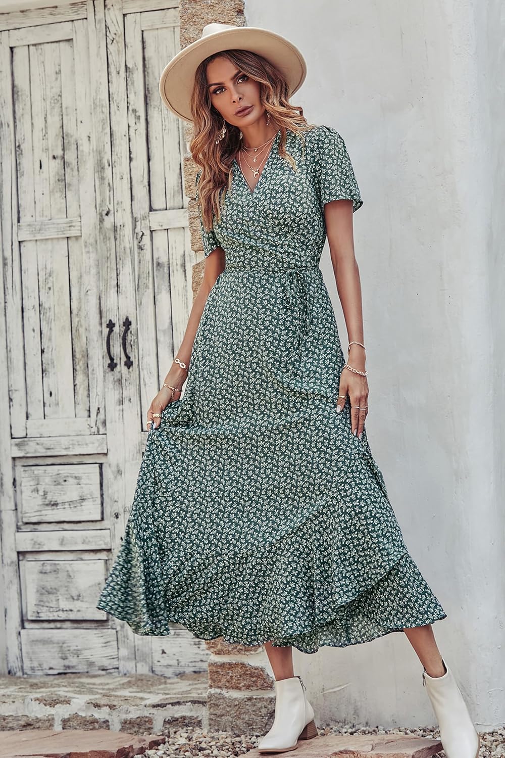 PRETTYGARDEN Women's Summer Wrap Maxi Dress Casual Short Sleeve Floral Boho V Neck Split Ruffle Beach Long Dresses