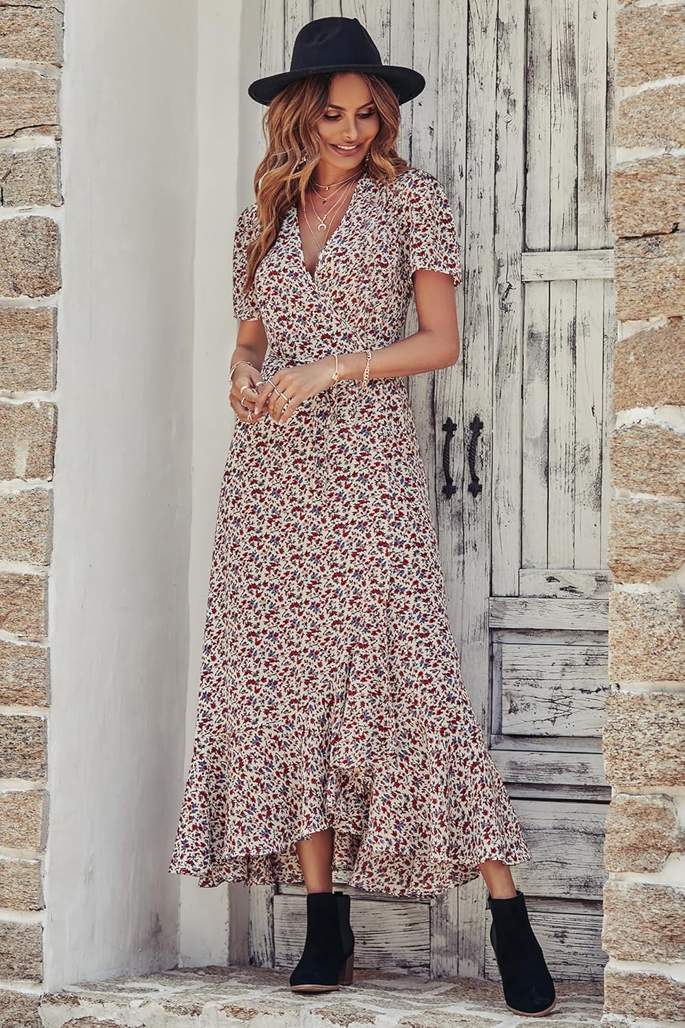 PRETTYGARDEN Women's Summer Wrap Maxi Dress Casual Short Sleeve Floral Boho V Neck Split Ruffle Beach Long Dresses