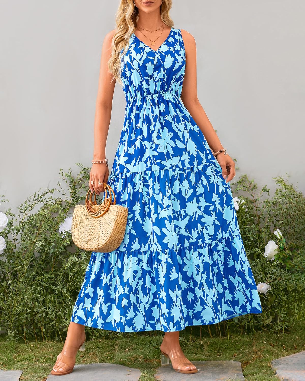 BTFBM Women Summer Dresses Casual Sleeveless Maxi Dresses Cute Floral Long Dress Wedding Guest Dress