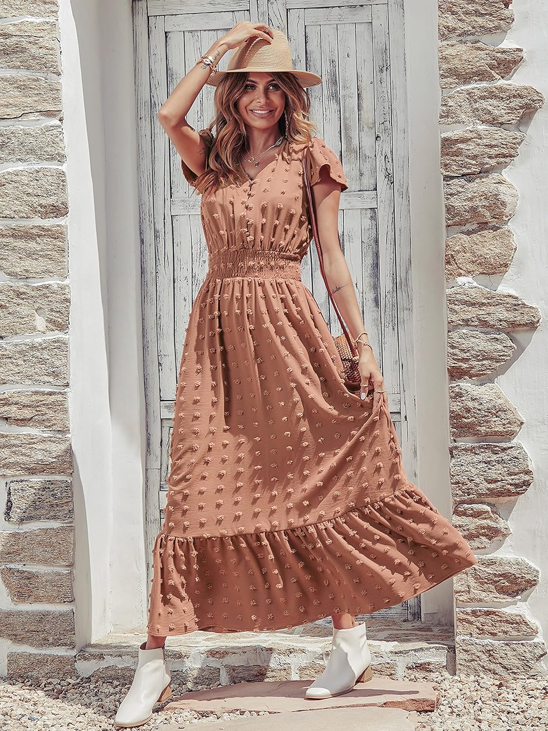 PRETTYGARDEN Womens Dresses 2025 Summer Maxi Dress Boho Short Sleeve V Neck Swiss Dot Ruffle Tiered Smocked Flowy Long Dress