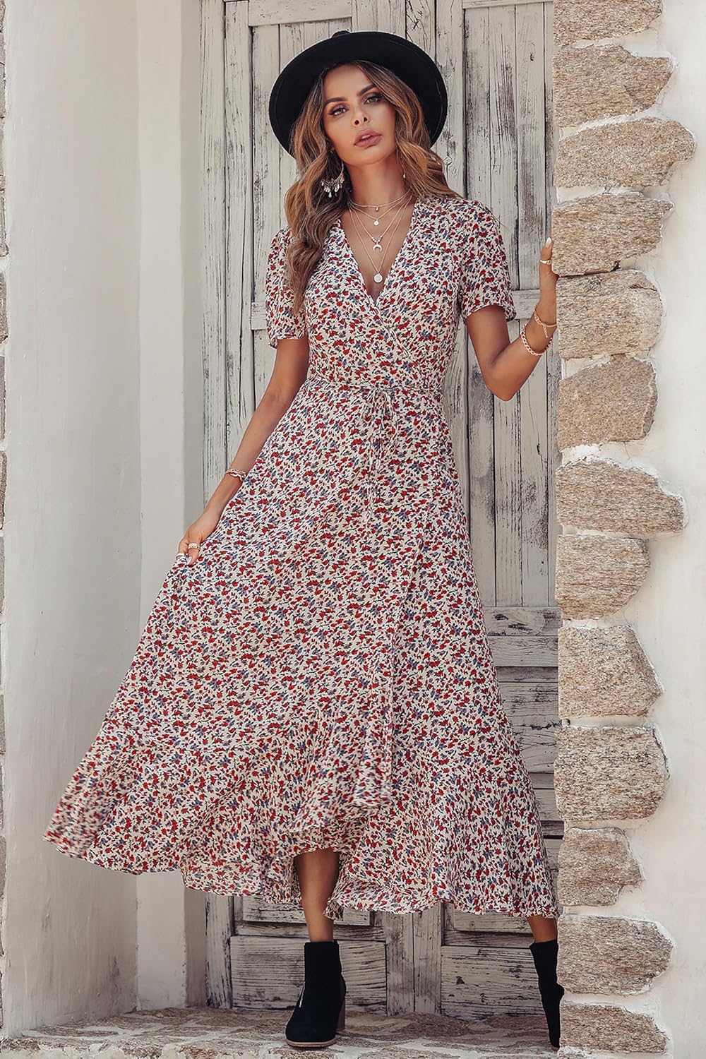 PRETTYGARDEN Women's Summer Wrap Maxi Dress Casual Short Sleeve Floral Boho V Neck Split Ruffle Beach Long Dresses