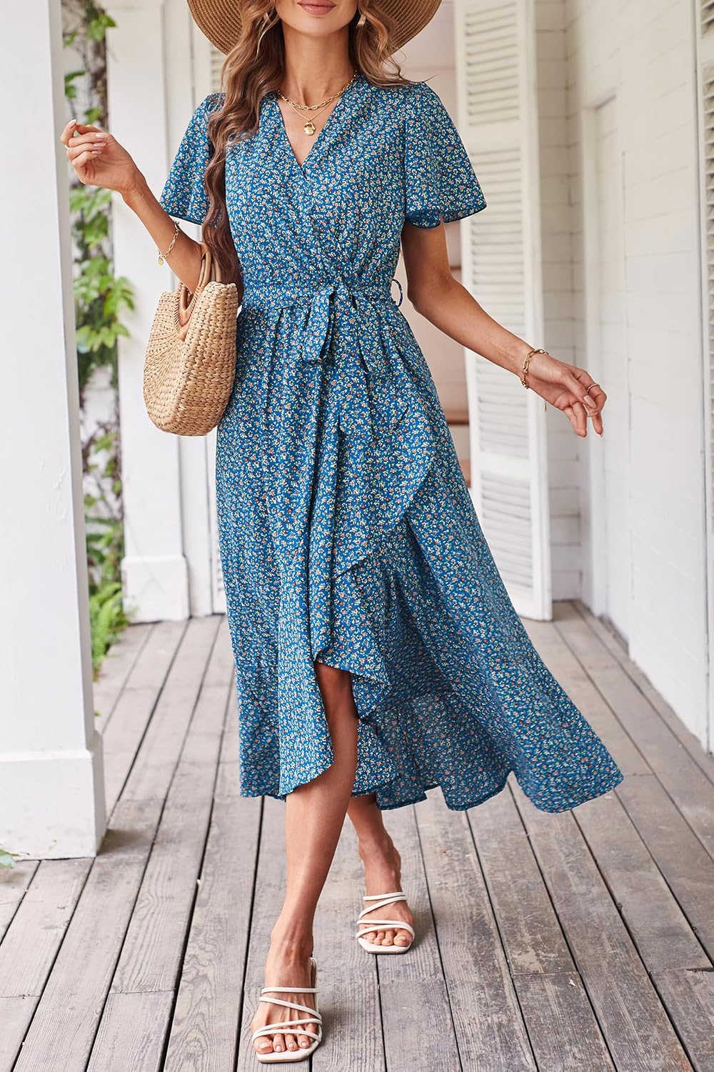PRETTYGARDEN Women's Summer Floral Boho Dress Wrap V Neck Short Sleeve Ruffle A-Line Flowy Maxi Wedding Guest Dresses