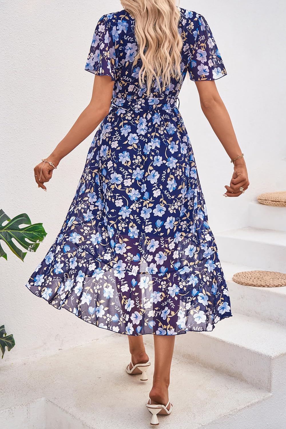 PRETTYGARDEN Women's Summer Floral Boho Dress Wrap V Neck Short Sleeve Ruffle A-Line Flowy Maxi Wedding Guest Dresses