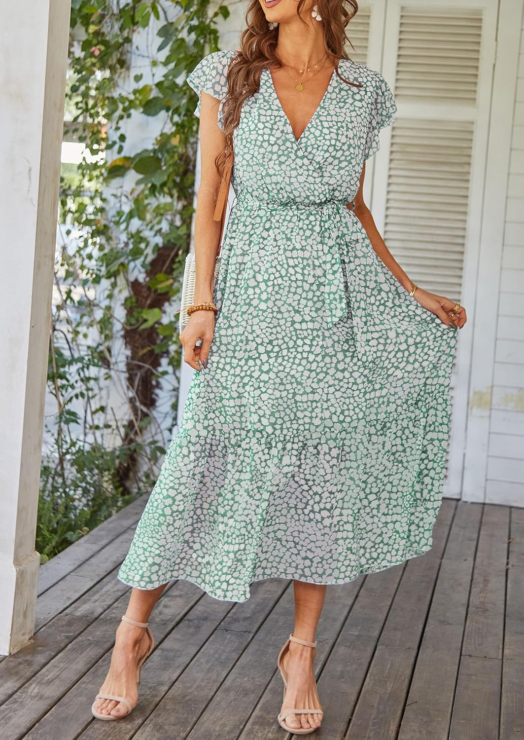PRETTYGARDEN Women's Summer Floral Boho Dress Wrap V Neck Short Sleeve Ruffle A-Line Flowy Maxi Wedding Guest Dresses