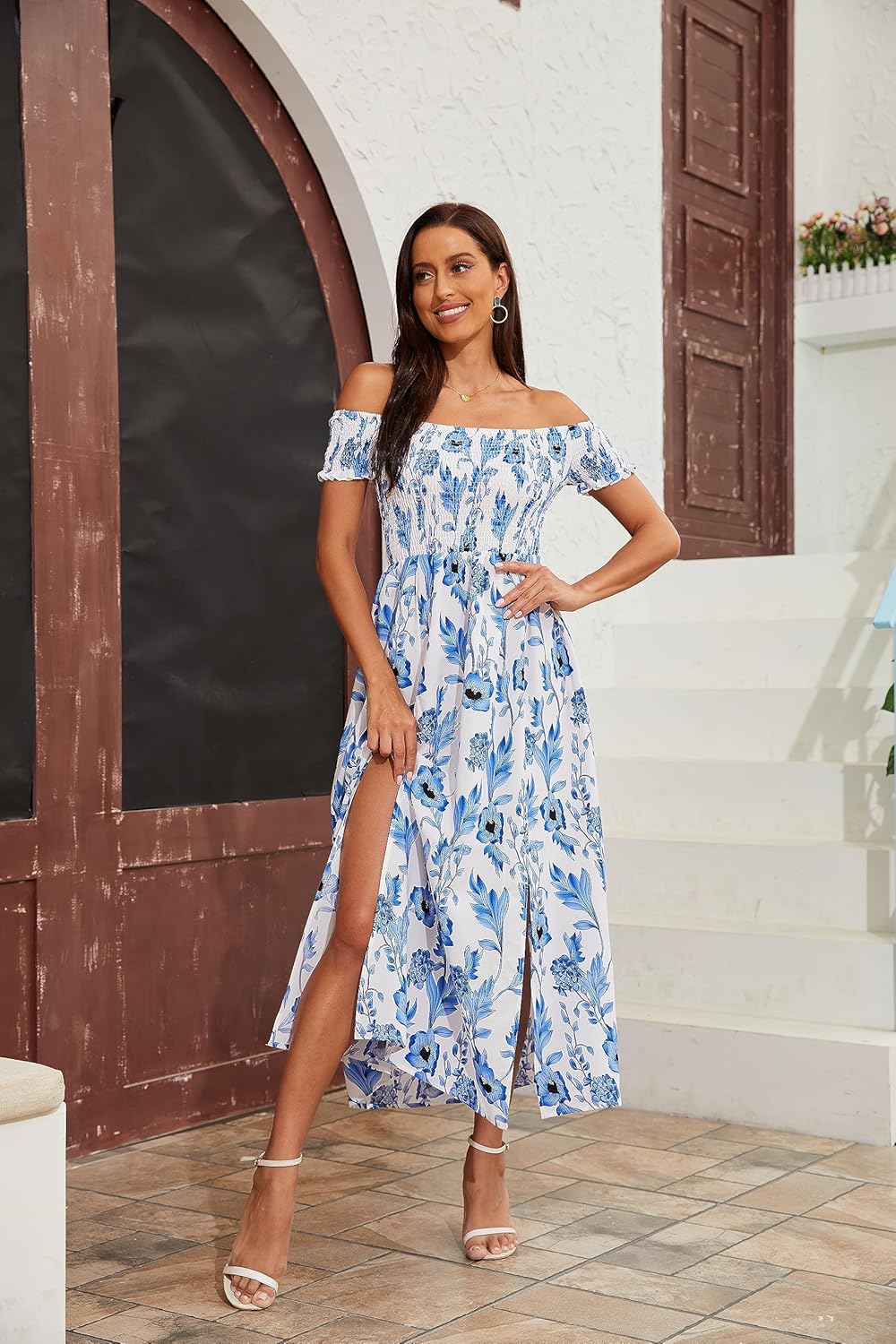 Floerns Women's Boho Floral Print Off Shoulder Split Long A Line Dress