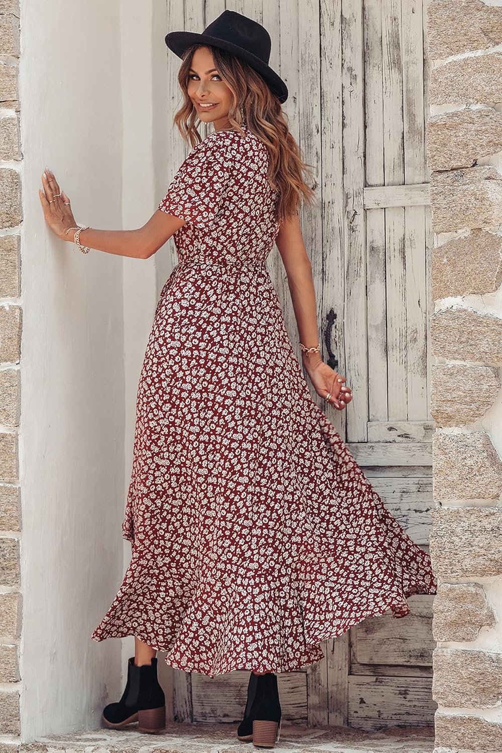 PRETTYGARDEN Women's Summer Wrap Maxi Dress Casual Short Sleeve Floral Boho V Neck Split Ruffle Beach Long Dresses