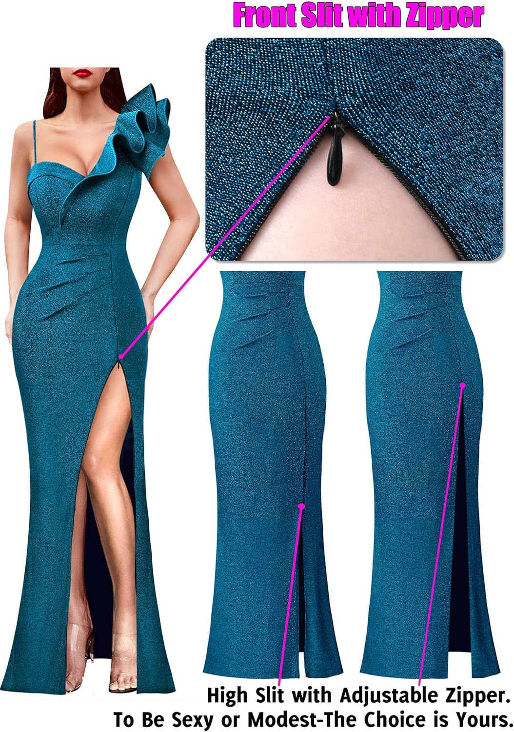 VFSHOW Womens Ruffle One Shoulder Strap Ruched Formal Prom Wedding Maxi Dress V Neck Elegant Split Cocktail Evening Long Gown