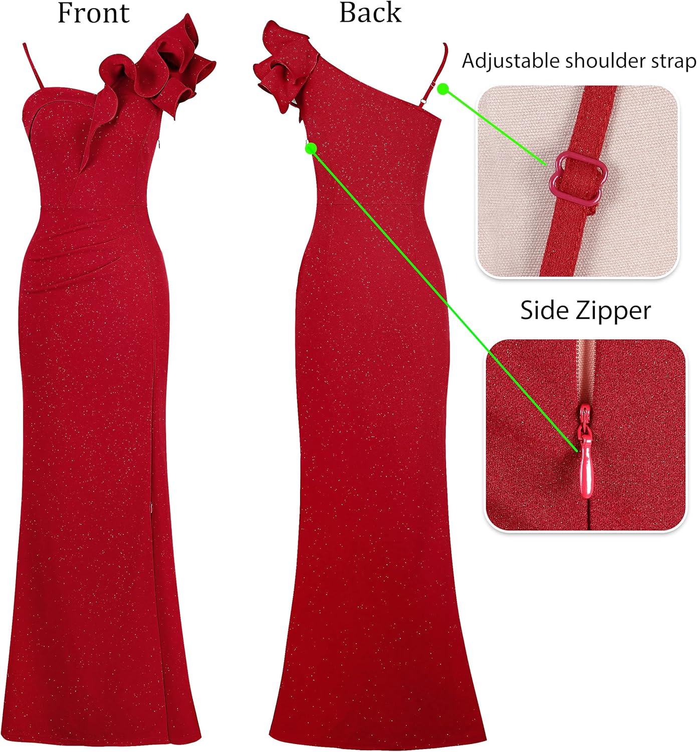 VFSHOW Womens Ruffle One Shoulder Strap Ruched Formal Prom Wedding Maxi Dress V Neck Elegant Split Cocktail Evening Long Gown