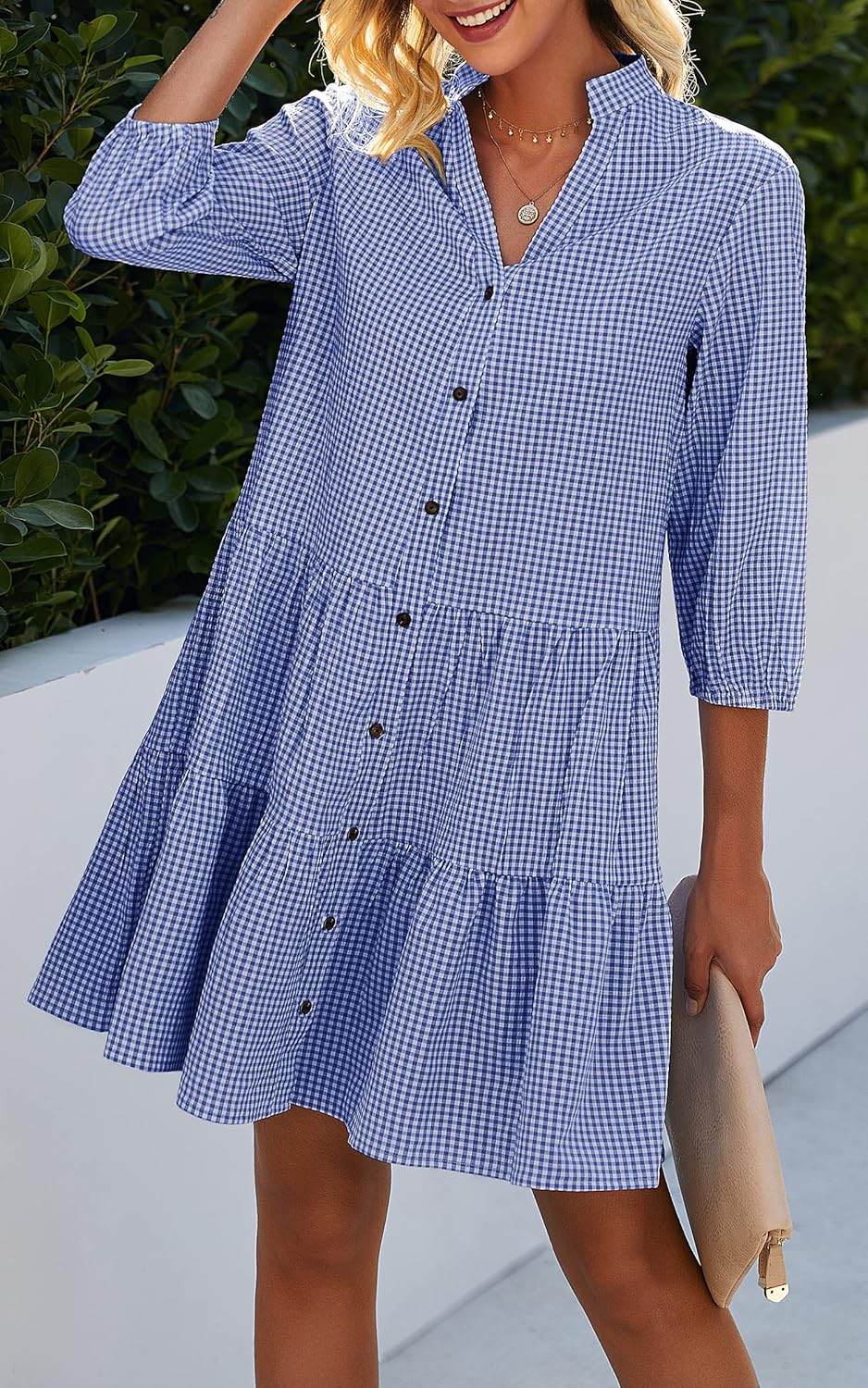 CCTOO Women's Summer Dresses Casual V Neck Button Down 3/4 Sleeve Floral Print Loose Flowy Shirt Dress