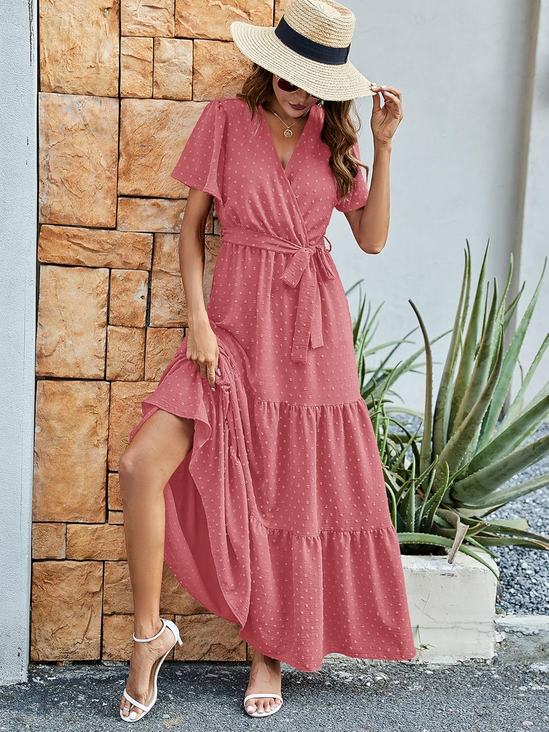 MASCOMODA Womens Boho Swiss Dot Maxi Dresses Wrap V Neck Flutter Short Sleeve Solid Tie Belt A Line Tiered Flowy Long Dress