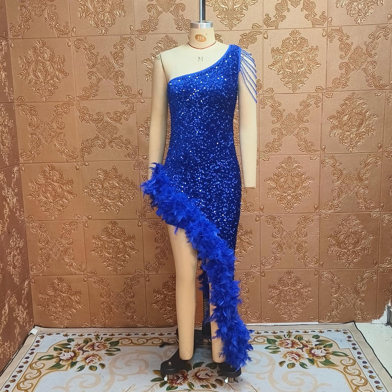 Cololura Women Sequin Elegant Sexy Tassels One Shoulder Mermaid Bodycon Cocktail Evening Midi Party Formal Dress