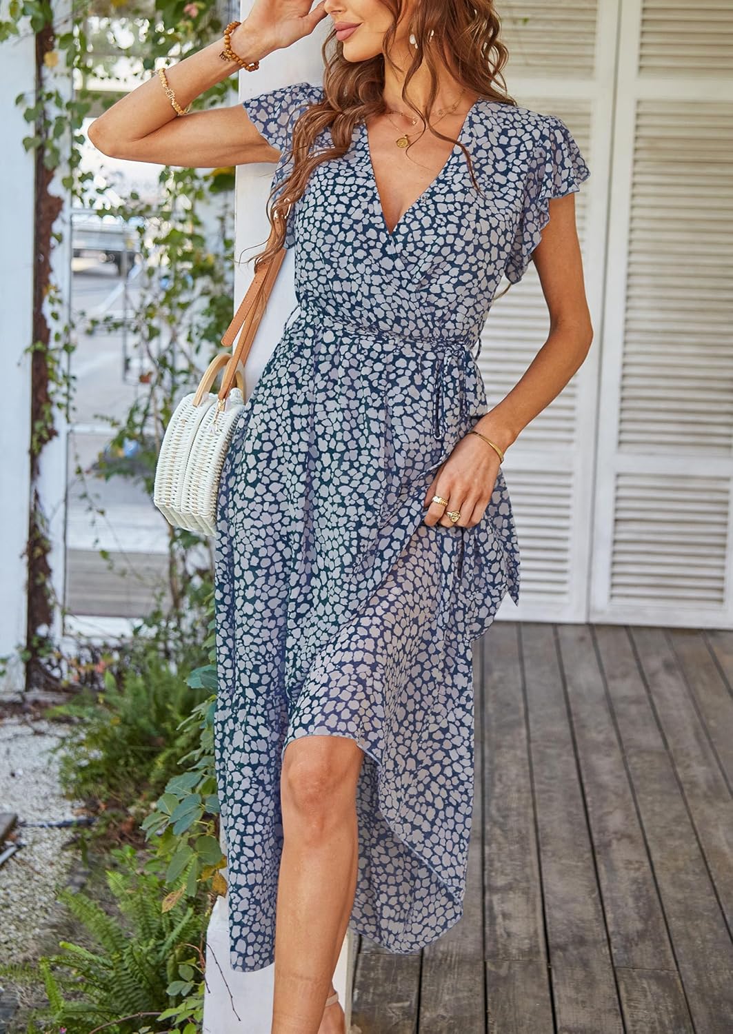 PRETTYGARDEN Women's Summer Floral Boho Dress Wrap V Neck Short Sleeve Ruffle A-Line Flowy Maxi Wedding Guest Dresses