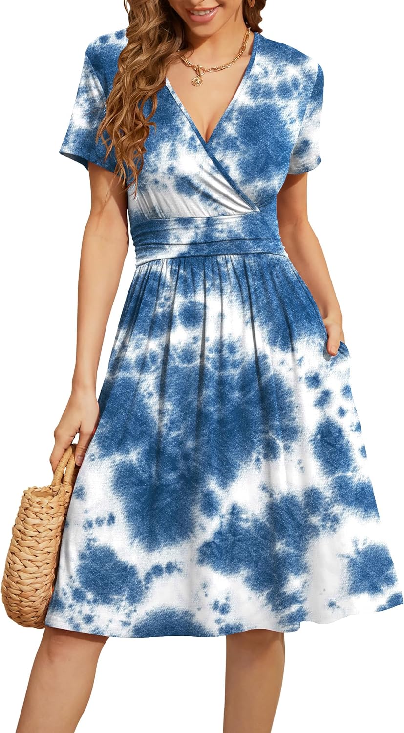 WEACZZY Women's Summer Short Sleeve Casual Dresses V-Neck Floral Party Dress with Pockets
