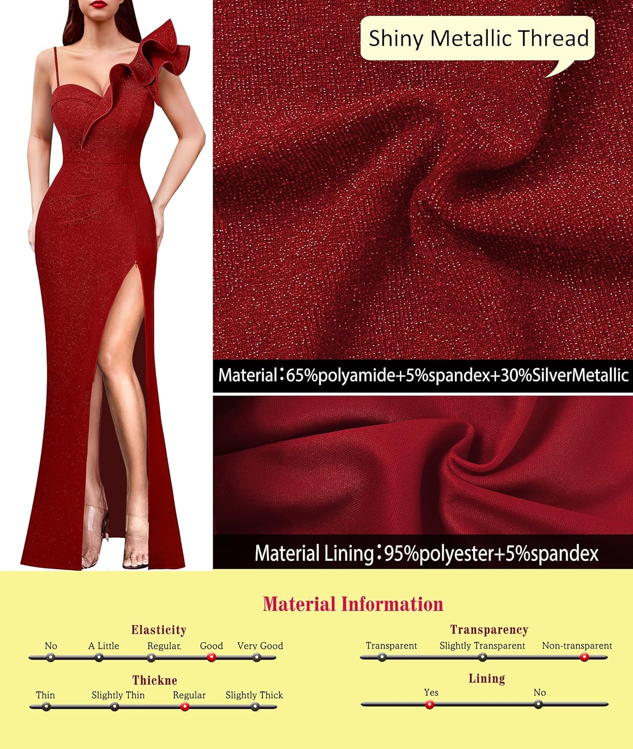 VFSHOW Womens Ruffle One Shoulder Strap Ruched Formal Prom Wedding Maxi Dress V Neck Elegant Split Cocktail Evening Long Gown