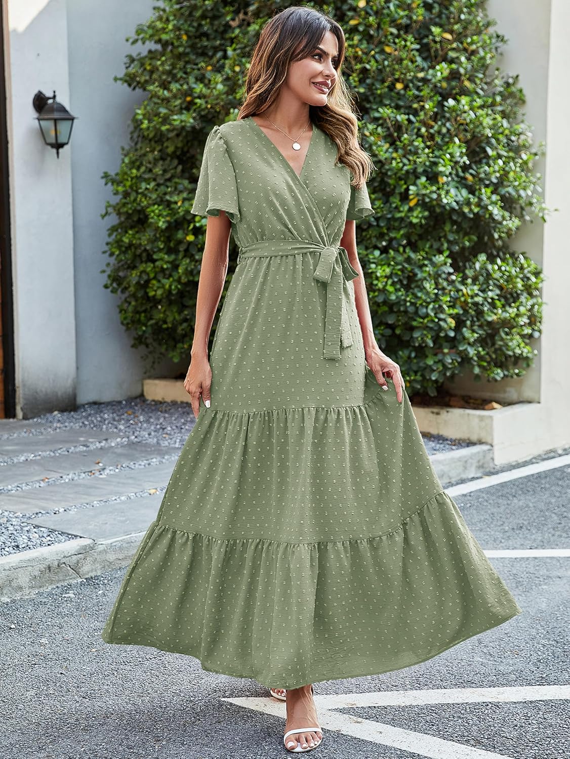 MASCOMODA Womens Boho Swiss Dot Maxi Dresses Wrap V Neck Flutter Short Sleeve Solid Tie Belt A Line Tiered Flowy Long Dress