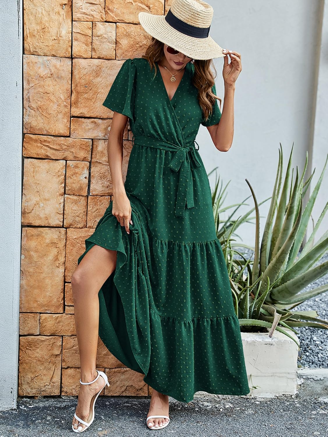 MASCOMODA Womens Boho Swiss Dot Maxi Dresses Wrap V Neck Flutter Short Sleeve Solid Tie Belt A Line Tiered Flowy Long Dress