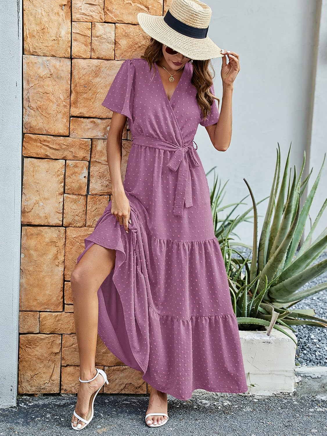 MASCOMODA Womens Boho Swiss Dot Maxi Dresses Wrap V Neck Flutter Short Sleeve Solid Tie Belt A Line Tiered Flowy Long Dress