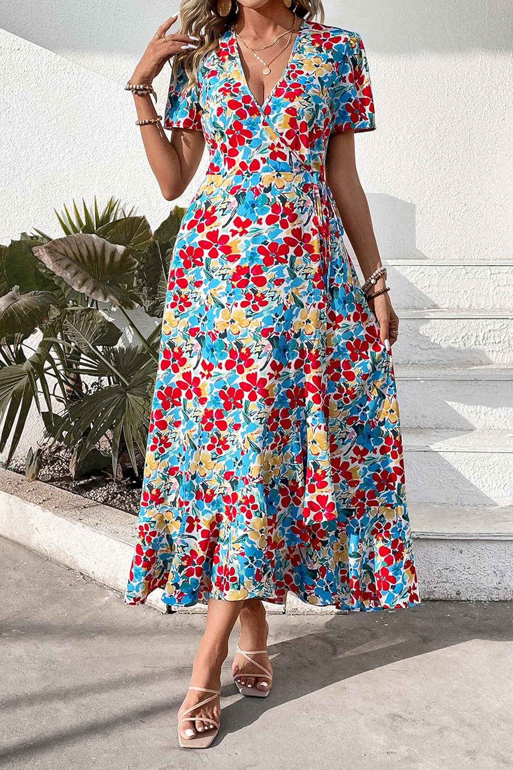 PRETTYGARDEN Women's Summer Wrap Maxi Dress Casual Short Sleeve Floral Boho V Neck Split Ruffle Beach Long Dresses