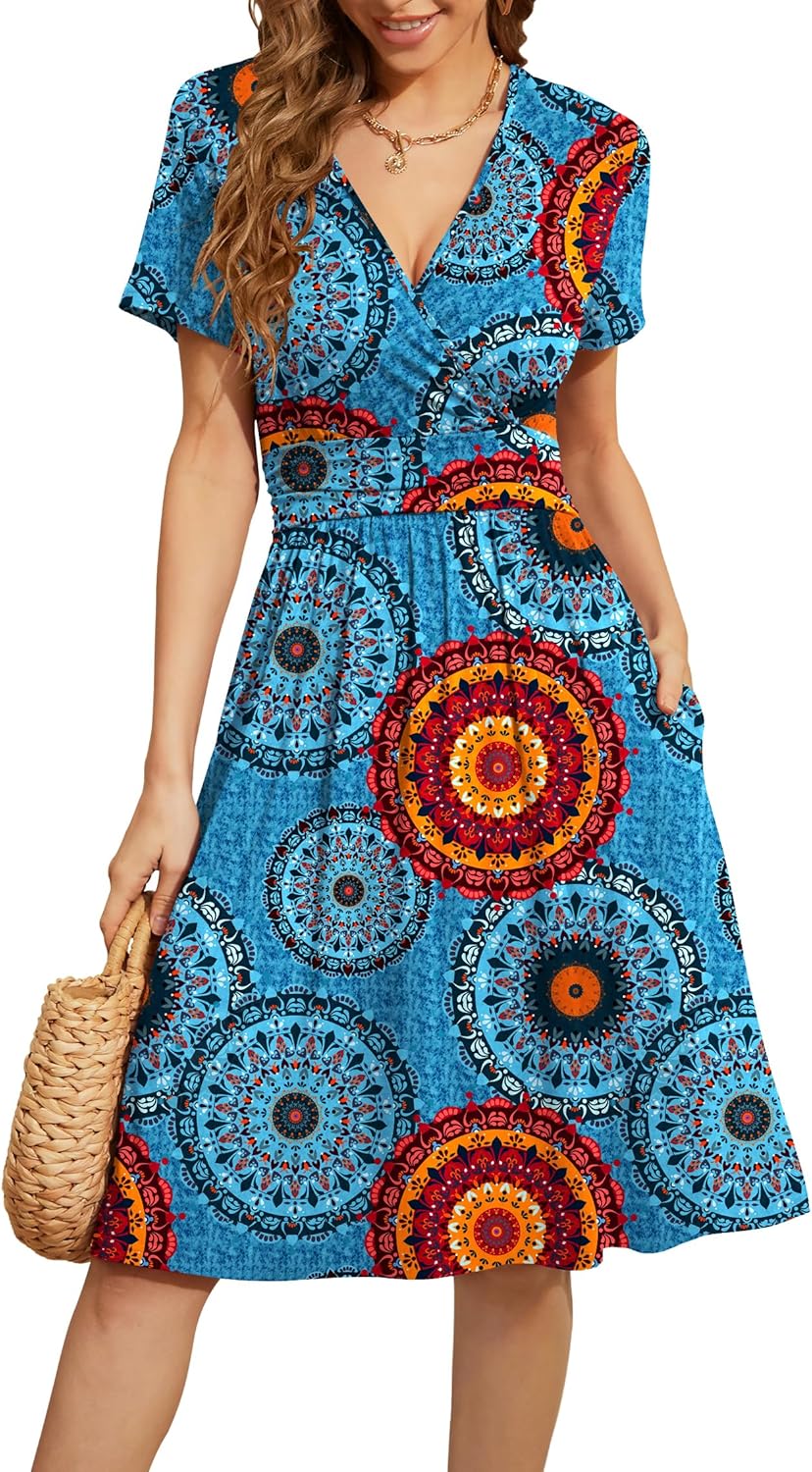 WEACZZY Women's Summer Short Sleeve Casual Dresses V-Neck Floral Party Dress with Pockets