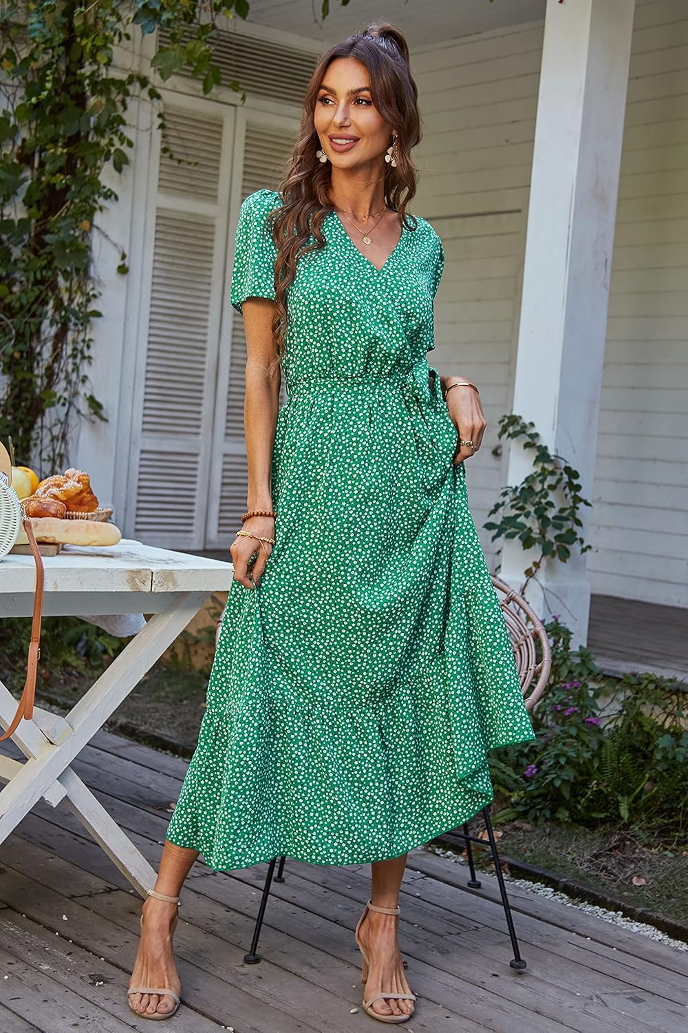 PRETTYGARDEN Women's Summer Floral Boho Dress Wrap V Neck Short Sleeve Ruffle A-Line Flowy Maxi Wedding Guest Dresses