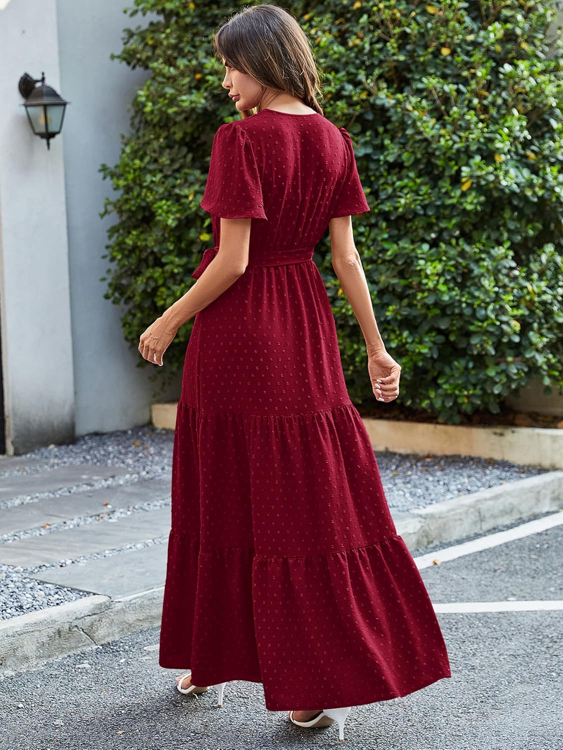 MASCOMODA Womens Boho Swiss Dot Maxi Dresses Wrap V Neck Flutter Short Sleeve Solid Tie Belt A Line Tiered Flowy Long Dress
