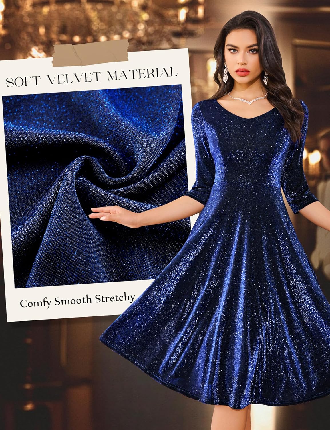Dressystar Womens Long-Sleeve Wedding Guest Dress A-Line Lace Formal Party Cocktail Midi Dress Prom Gown