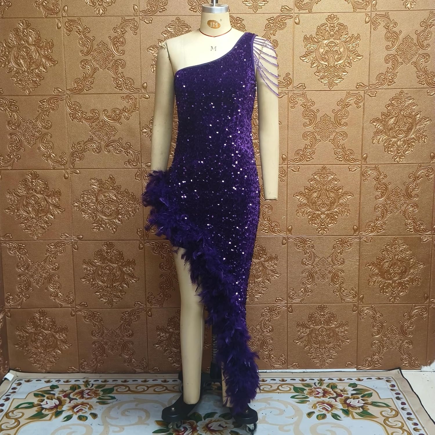 Cololura Women Sequin Elegant Sexy Tassels One Shoulder Mermaid Bodycon Cocktail Evening Midi Party Formal Dress