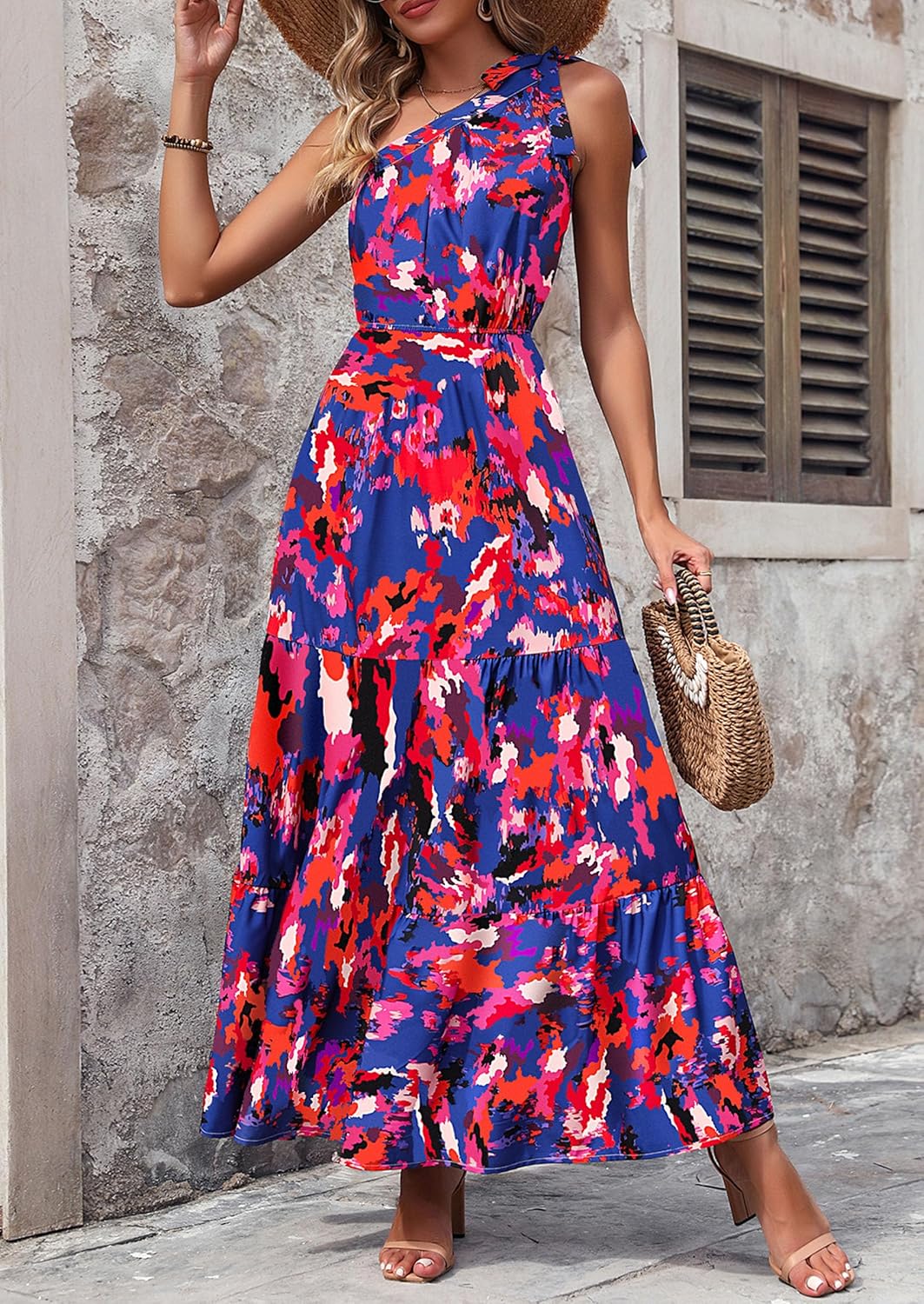 PRETTYGARDEN Women's Summer Floral Maxi Dress Knot One Shoulder Sleeveless Ruffle Flowy Boho Beach Wedding Guest Dresses