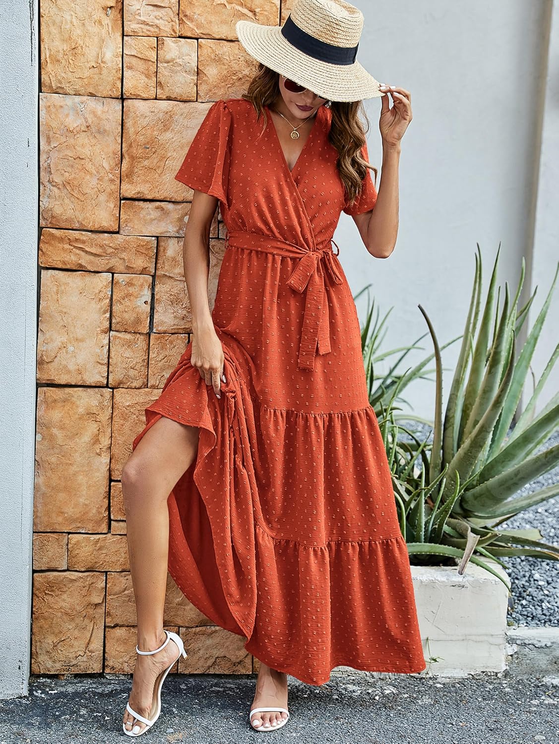 MASCOMODA Womens Boho Swiss Dot Maxi Dresses Wrap V Neck Flutter Short Sleeve Solid Tie Belt A Line Tiered Flowy Long Dress