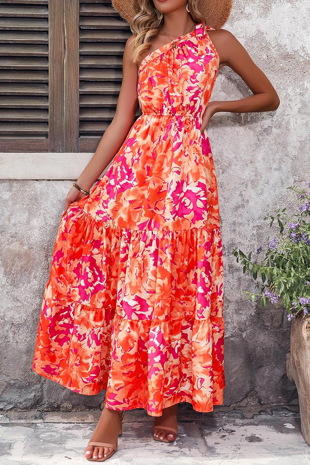 PRETTYGARDEN Women's Summer Floral Maxi Dress Knot One Shoulder Sleeveless Ruffle Flowy Boho Beach Wedding Guest Dresses