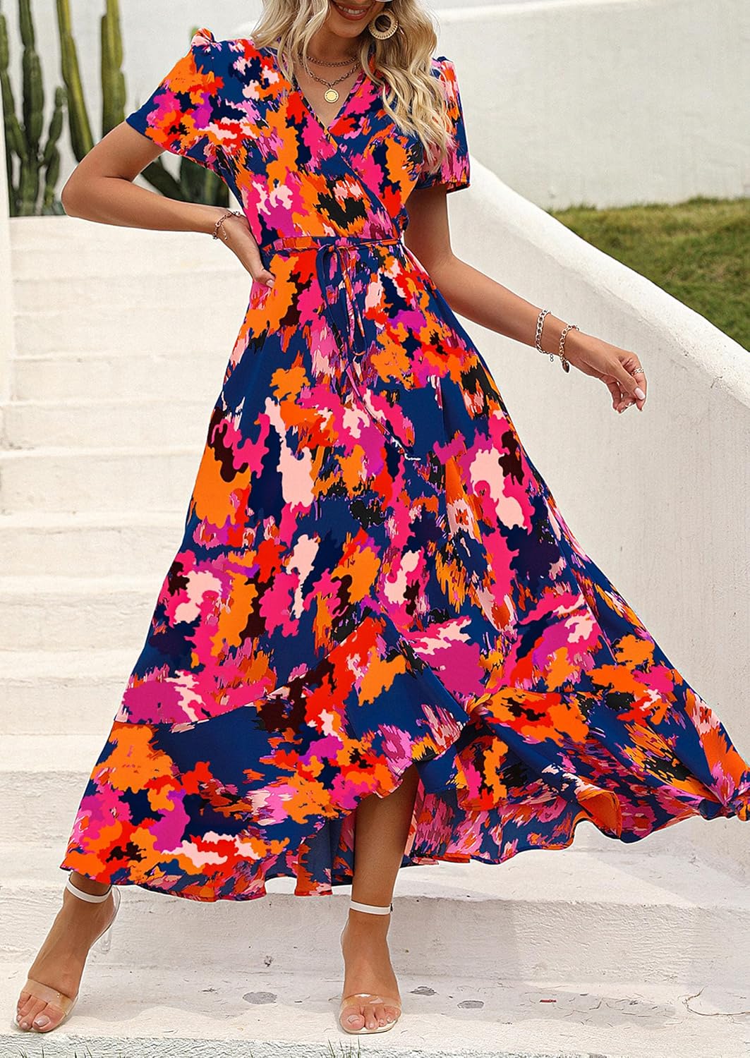 PRETTYGARDEN Women's Summer Wrap Maxi Dress Casual Short Sleeve Floral Boho V Neck Split Ruffle Beach Long Dresses