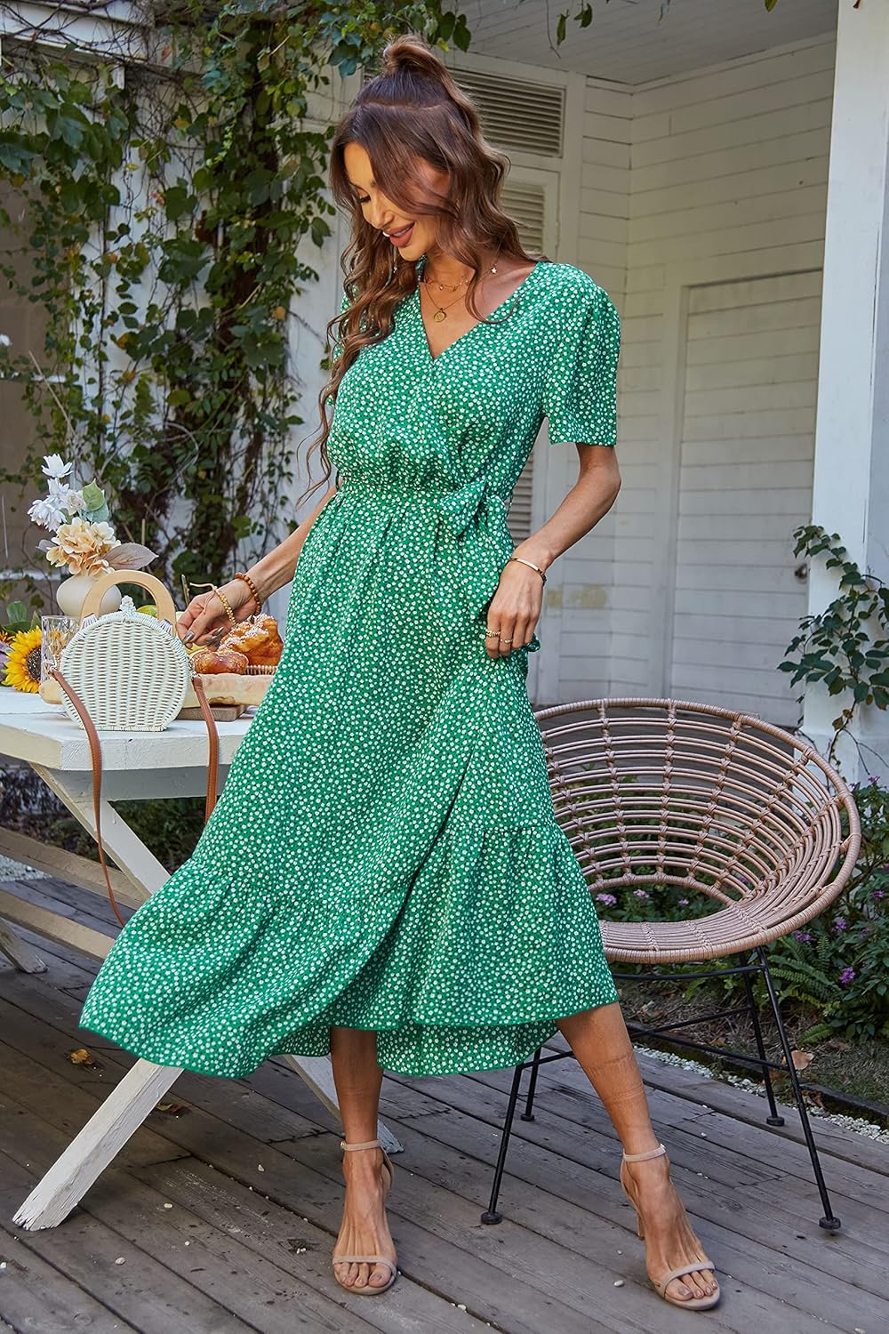 PRETTYGARDEN Women's Summer Floral Boho Dress Wrap V Neck Short Sleeve Ruffle A-Line Flowy Maxi Wedding Guest Dresses