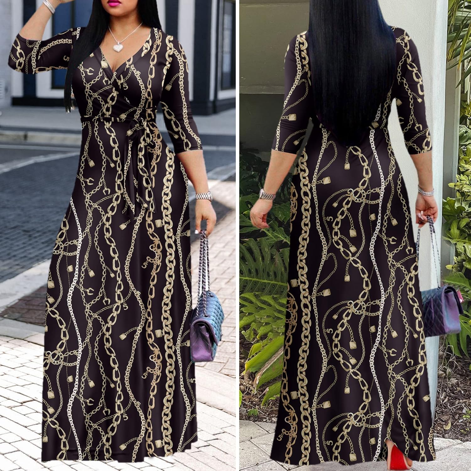 FANDEE Plus Size Maxi Dress for Women Casual Summer Sundress V-Neck 3/4 Sleeve