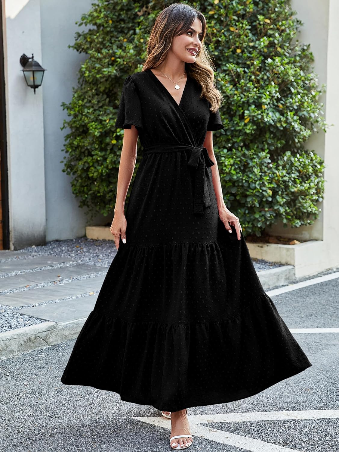 MASCOMODA Womens Boho Swiss Dot Maxi Dresses Wrap V Neck Flutter Short Sleeve Solid Tie Belt A Line Tiered Flowy Long Dress