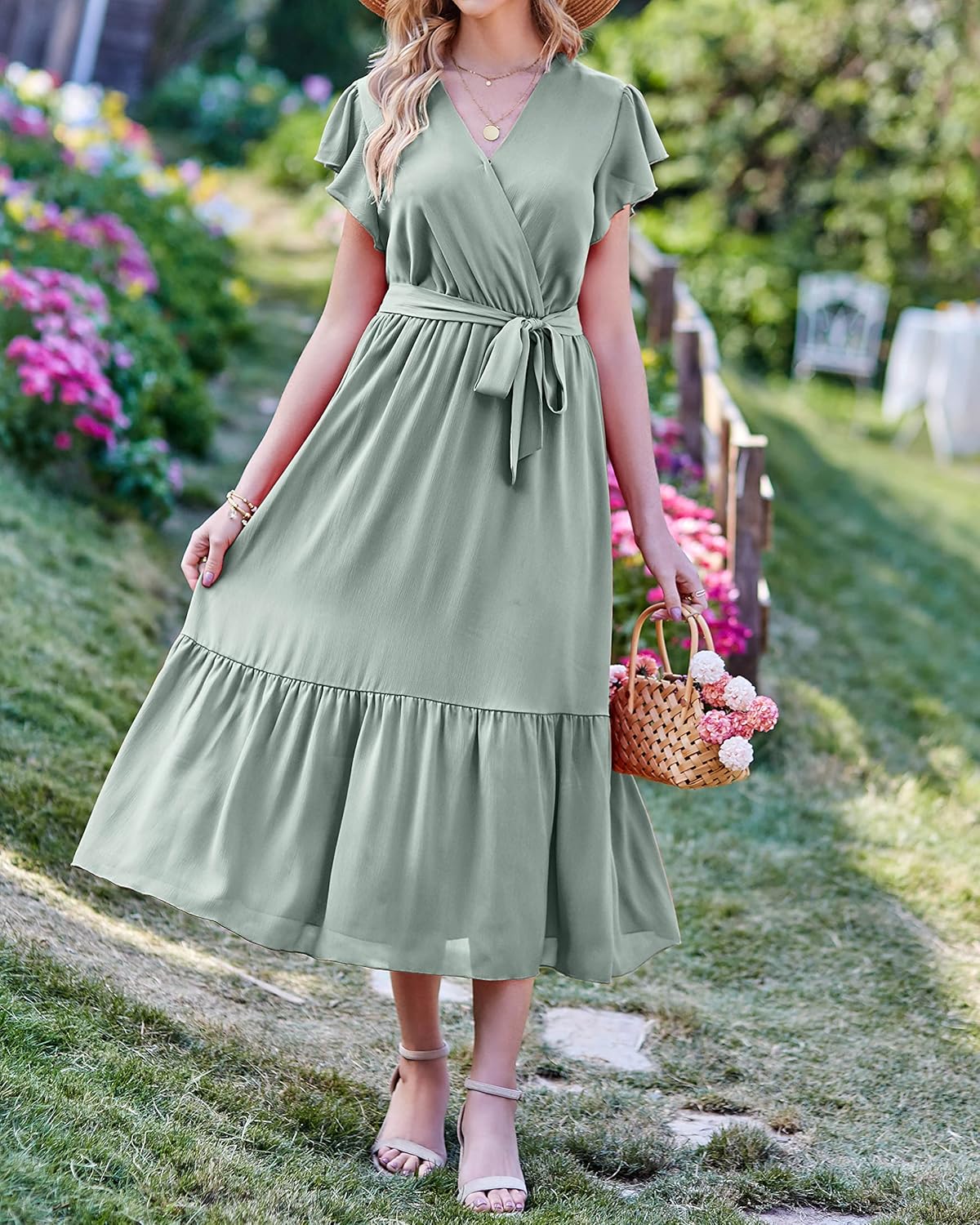 BTFBM Women Summer Bohemian Floral Casual Wrap V Neck Ruffle Cap Sleeveless Belt A-Line Pleated Hem Midi Sun Dress White