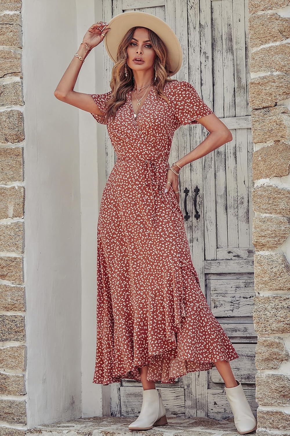 PRETTYGARDEN Women's Summer Wrap Maxi Dress Casual Short Sleeve Floral Boho V Neck Split Ruffle Beach Long Dresses
