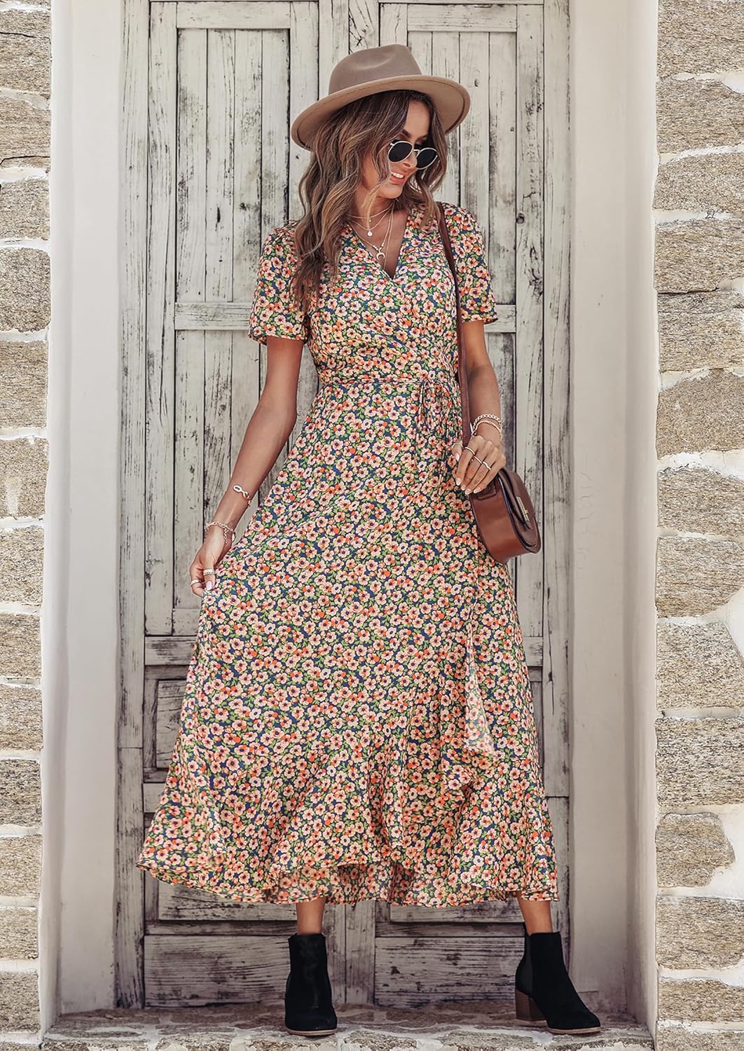 PRETTYGARDEN Women's Summer Wrap Maxi Dress Casual Short Sleeve Floral Boho V Neck Split Ruffle Beach Long Dresses