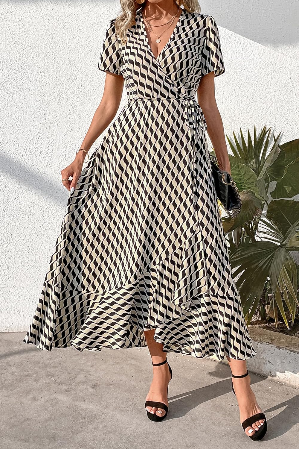 PRETTYGARDEN Women's Summer Wrap Maxi Dress Casual Short Sleeve Floral Boho V Neck Split Ruffle Beach Long Dresses