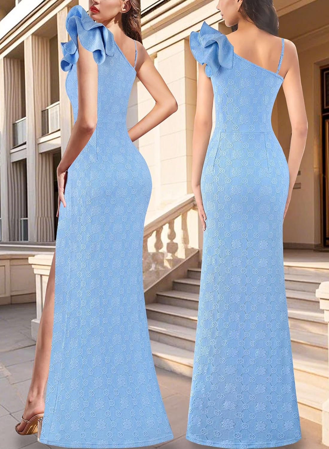 VFSHOW Womens Ruffle One Shoulder Strap Ruched Formal Prom Wedding Maxi Dress V Neck Elegant Split Cocktail Evening Long Gown