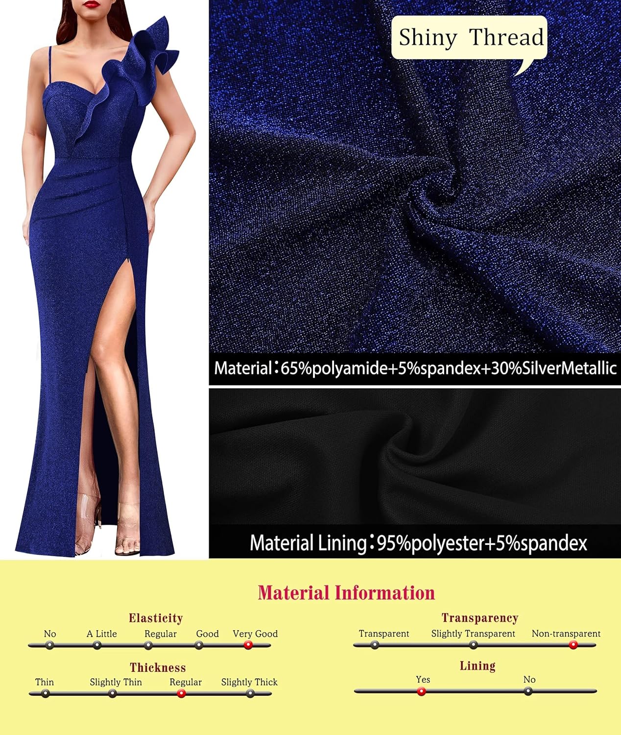 VFSHOW Womens Ruffle One Shoulder Strap Ruched Formal Prom Wedding Maxi Dress V Neck Elegant Split Cocktail Evening Long Gown