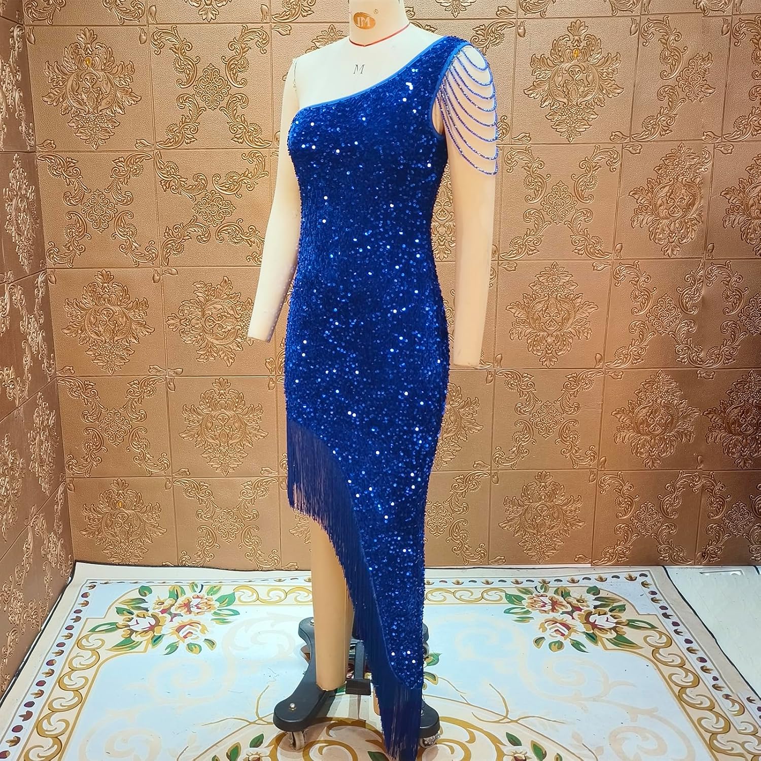 Cololura Women Sequin Elegant Sexy Tassels One Shoulder Mermaid Bodycon Cocktail Evening Midi Party Formal Dress